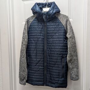 Brooklyn Standard Hooded Puffer Jacket Knit Sleeve Small Blue Grey Zip Gorpcore